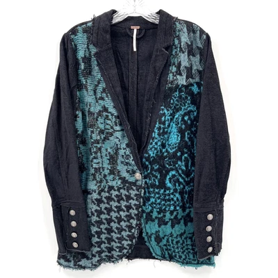 FREE PEOPLE Women's S Black/Teal Better Together 1-Button Cardigan Blazer Jacket - Image 1 of 4