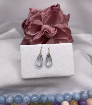 14K Solid Gold Moss Aquamarine Earrings Natural Briolette Minimalist RARE MOSS - Image 1 of 4