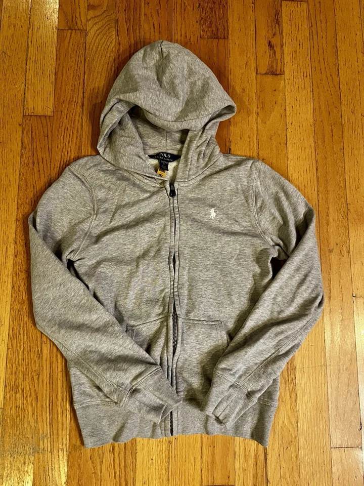 Suéter Polo Ralph Lauren cinza com capuz juvenil 12/14 L branco pônei zíper completo - Imagem 1 de 4