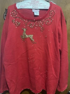 Quacker Factory Red Reindeer Sweater with Beaded Accents - Picture 1 of 3
