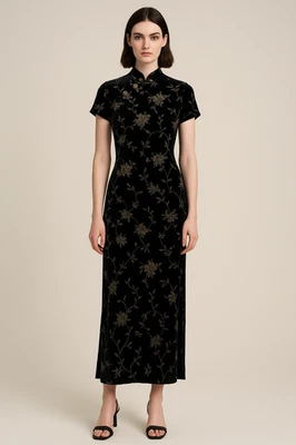 Maxi Vestido De Colección Sheri Martin Mujer 12 Negro Terciopelo Dorado Floral Cheongsam Noche Foto 1 de 4