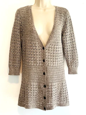 DKNY Jeans Suéter Beige Crochet Medio, Mangas 3/4, Botón Abajo  Foto 1 de 4