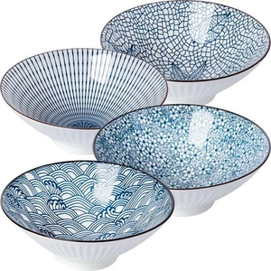 38 oz Japanese Ramen Bowl Set of 4 - Large 8 Inch Ceramic Soup Bowls, Blue an... - Picture 1 of 7