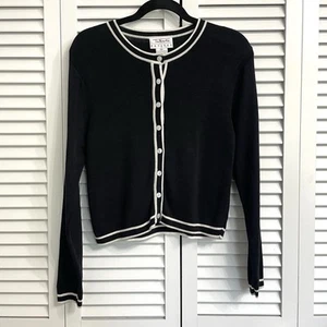 Talbots Womens Knit Cardigan Sweater Petite M Black White Trim Button Front - Imagen 1 de 9