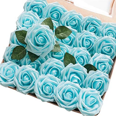  Artificial Flowers 25pcs Real Looking Foam Fake Roses with 25Pcs Aqua Blue - Image 1 of 4