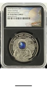 2024 Barbados Moon Landing 55th Ann. Black Proof 1 oz Silver Coin NGC PF 70 UCAM - Picture 1 of 4