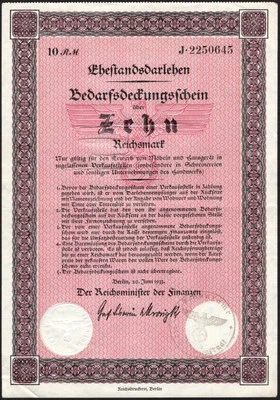 10 Reichsmark 1933 - Ehestandsdarlehen - Germany- Series: J 2250645 - "VG" - C32 - Image 1 of 4