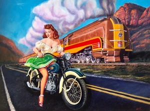 40" VANCAS Pinup HARLEY DAVIDSON MOTORCYCLE Deco STREAMLINE TRAIN Elvgren Pin-Up - Picture 1 of 12