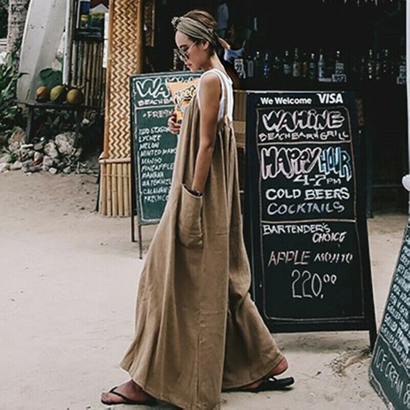 Damen Baumwolle Line Overall Weites Bein Kurzer Taschen Locker Übergröße - Bild 1 von 4