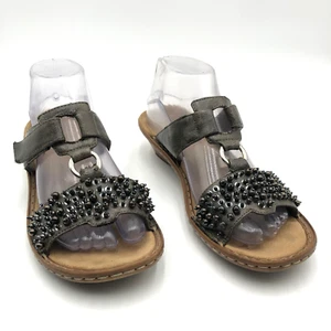 Rieker Wedge Sandals Women's Size 8 Pewter Leather Beaded - Picture 1 of 9