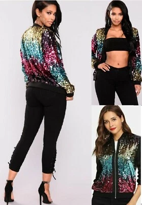 Womens Multicolour sequin glitter bomber club dance party festival biker costume - Image 1 of 4