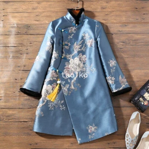 Chinesischer Stil mittellanger Mantel Blumen Winter Baumwolle wattiert Damen Jacke Fellkragen - Bild 1 von 14
