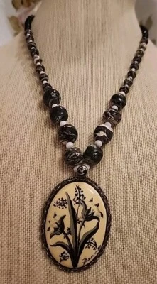 Collar Victoriano Cuentas Ágata 22" 2.5" Pintado a Mano Firmado Colgante De Colección  Foto 1 de 4