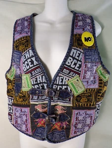 No! Jeans Vest 100% Cotton, Buckles, Pocket, Yellow Button. Patchwork - Picture 1 of 9