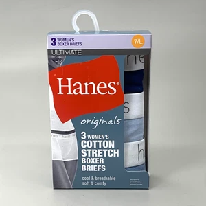 HANES 3 PK Originals Women's Breathable Cotton Boxer Briefs Underwear Sz L Blue - Picture 1 of 11
