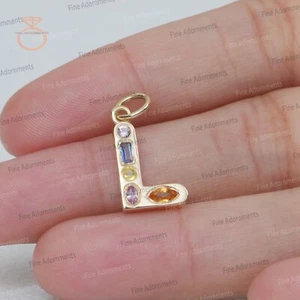Colgante inicial L de piedras preciosas de zafiro múltiple natural oro macizo 14k L dije joyería - Imagen 1 de 9