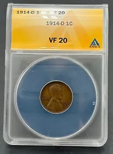 1914 D Wheat Cent in ANACS VF 20 Brown, Key Date, Low Mintage Coin, Problem Free - Picture 1 of 5