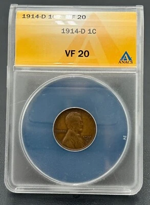 1914 D Wheat Cent in ANACS VF 20 Brown, Key Date, Low Mintage Coin, Problem Free - Image 1 of 4