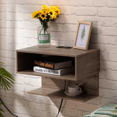 Floating Nightstand with Charging Station, Wall Mount Bedside Shelf with Draw... - Image 1 of 4