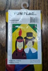 Thanksgiving Embroidered 28" x 40" Fun Flag Pilgrim & Indian Fall Yard November - Picture 1 of 3