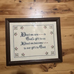 Vintage Framed Cross Stitch God’s Gift To Us Become Christian Faith Art Work - Picture 1 of 4
