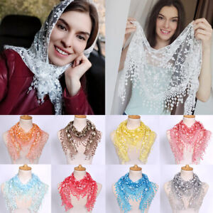 Women Lace Floral Scarf Shawl Tassel Triangle Scarves Neck Wraps Accessories