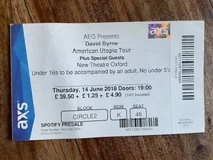 DAVID BYRNE - AMERICAN UTOPIA TOUR TICKET - OXFORD / COMPLETE / TALKING HEADS - Picture 1 of 2