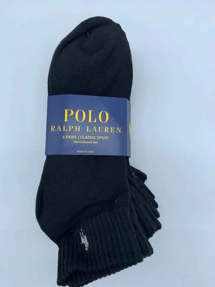 NEW 6 PAIRS MENS POLO RALPH LAUREN ANKLE CUT SOCKS CLASSIC SPORT 10-13 BLK/ WH - Image 1 of 4