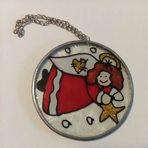 Vintage Weihnachtsengel Sonnenfänger Ornament handbemalt rotes Kleid gold Stern  - Bild 1 von 5