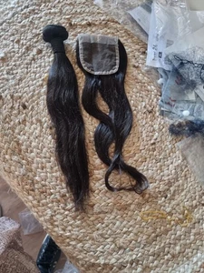 12A 16+16INCH 4X4 CLOSURE 150g BAZILIAN HUMAN HAIR SILKY STRAIGHT 1b# NATURAL 1B - Picture 1 of 5