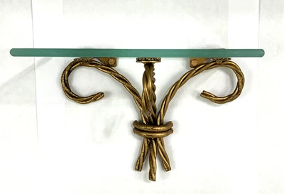 Estante de pared vintage de metal dorado y vidrio retorcido Hollywood Regency 7" x 5" Foto 1 de 4