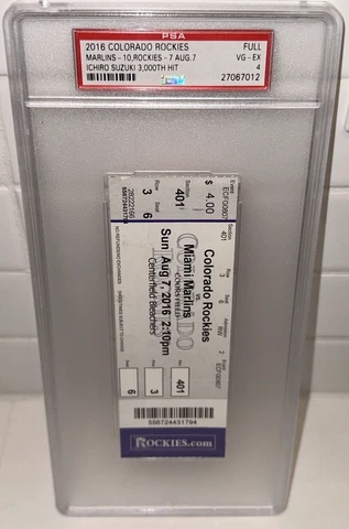 8/7/16 MARLINS ROCKIES ICHIRO SUZUKI 3000TH HIT FULL BOX OFFICE TICKET STUB PSA Cover