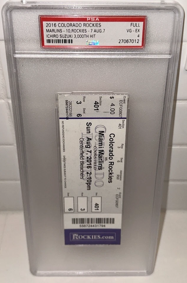 2016 MARLINS ROCKIES ICHIRO SUZUKI 3000TH 3K HITS BOX OFFICE TICKET STUB PSA 4 - Image 1 of 3