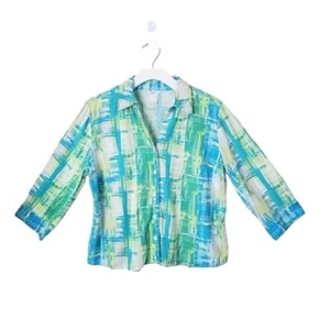 Camisa CHRISTOPHER & BANKS para mujer con botones talla L lino verde azul mangas al codo - Imagen 1 de 7
