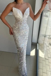 Luxury Mermaid Pearl Wedding Dresses V-Neck Sequins Beaded Glitter Bridal Gowns - Picture 1 of 15