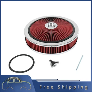 Red Round Thru High Flow Washable Air Cleaner & Chrome Lid For SBC BBC 14" X 3" - Picture 1 of 12