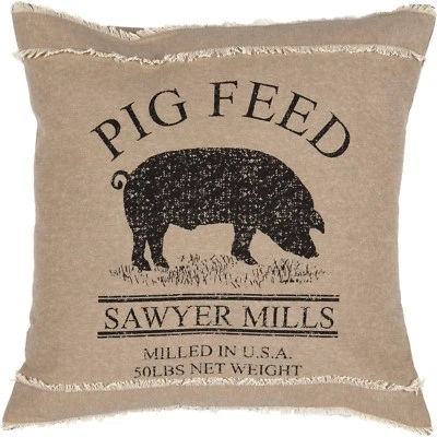 18" Vintage-Style Pig Grain Sack Pillow Tan Chambray Fringed Cotton Sawyer Mill - Image 1 of 4