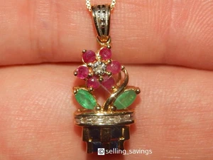14K YELLOW GOLD DIAMOND RUBY EMERALD & SAPPHIRE FLOWER IN A POT PENDANT NECKLACE - Picture 1 of 6