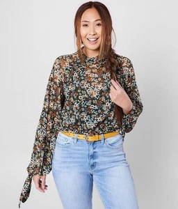 Free People Large Long Sleeve Blouse Mesh Keyhole Back Green Orange Floral Top - Picture 1 of 7
