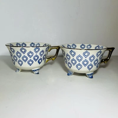 APHORISM Beautiful 2 X Tea Coffee Cups Porcelain Ceramic 3 Legs Blue White - Image 1 of 4