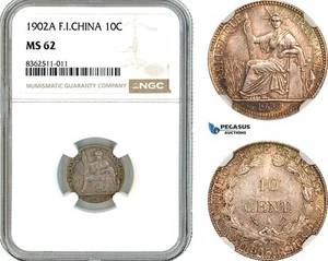 AK767, French Indo-China, 10 Centimes 1902 A, Paris Mint, Silver, NGC MS62 - Picture 1 of 1