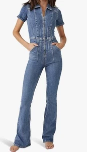 NWT Free People We The Free Size Large Jayde Flare Denim Jumpsuit Sunburst Blue - Picture 1 of 13
