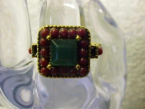 Gold Plated Princess Cut Faux Emerald w/ Red Gemstones Ring Size 8 1/2