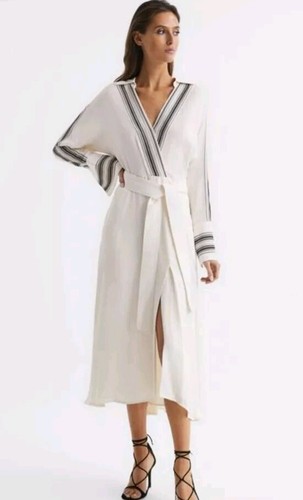 OFF WHITE ABITO CAMICIA FORMALE NUOVO CON ETICHETTE REISS OFF BIANCO PANNA MIDI CON CINTURA TAGLIA 8