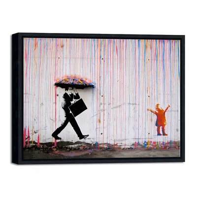 Framed Banksy Raining Day or Colorful Graffiti Street Famous Canvas Prints Art - Image 1 of 4