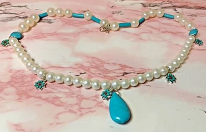 "PN12" unique turquoise stone & faux pearl beads, star flowers, pendant necklace - Picture 1 of 8