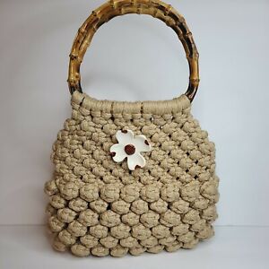 Vintage Macrame Purse Bag with Bamboo Handles Unlined+Ceramic Dogwood flower 