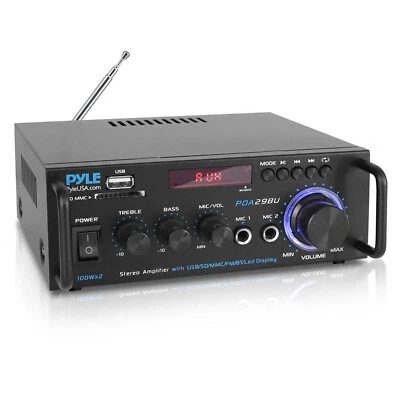 Pyle PDA29BU Compact Wireless Bluetooth USB FM Radio Stereo Power Amplifier - Image 1 of 4