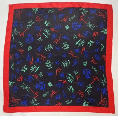 Vintage Scarf SILK black red blue green 80s 90s  Y2K designer floral large retro - Image 1 of 4