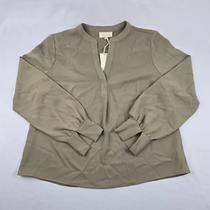 Neu mit Etikett Melloday Damenbluse taupe V-Ausschnitt Langarmshirt Größe Large - Bild 1 von 3